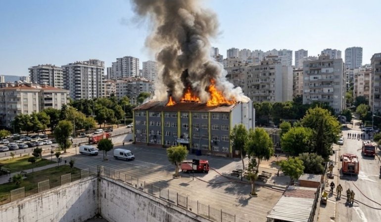 İzmir’de ortaokul çatısında yangın: Ekiplerin müdahalesi sürüyor